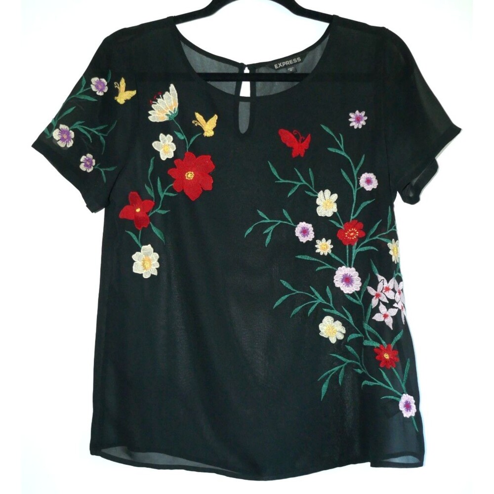 Express Black Chiffon Embroidered Floral Butterfly Sheer Short Sleeve Blouse Top